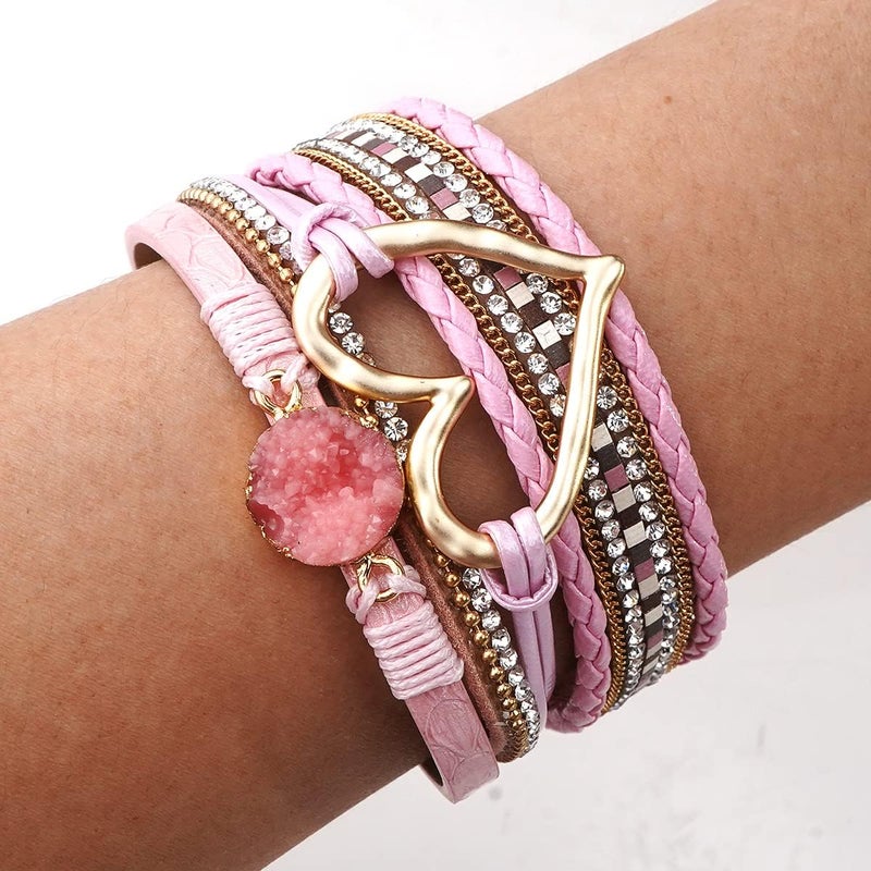 Suyi Multilayer Leather Wrap Bracelet Heart-Shape Wide Cuff Bracelets for Women - Image 4